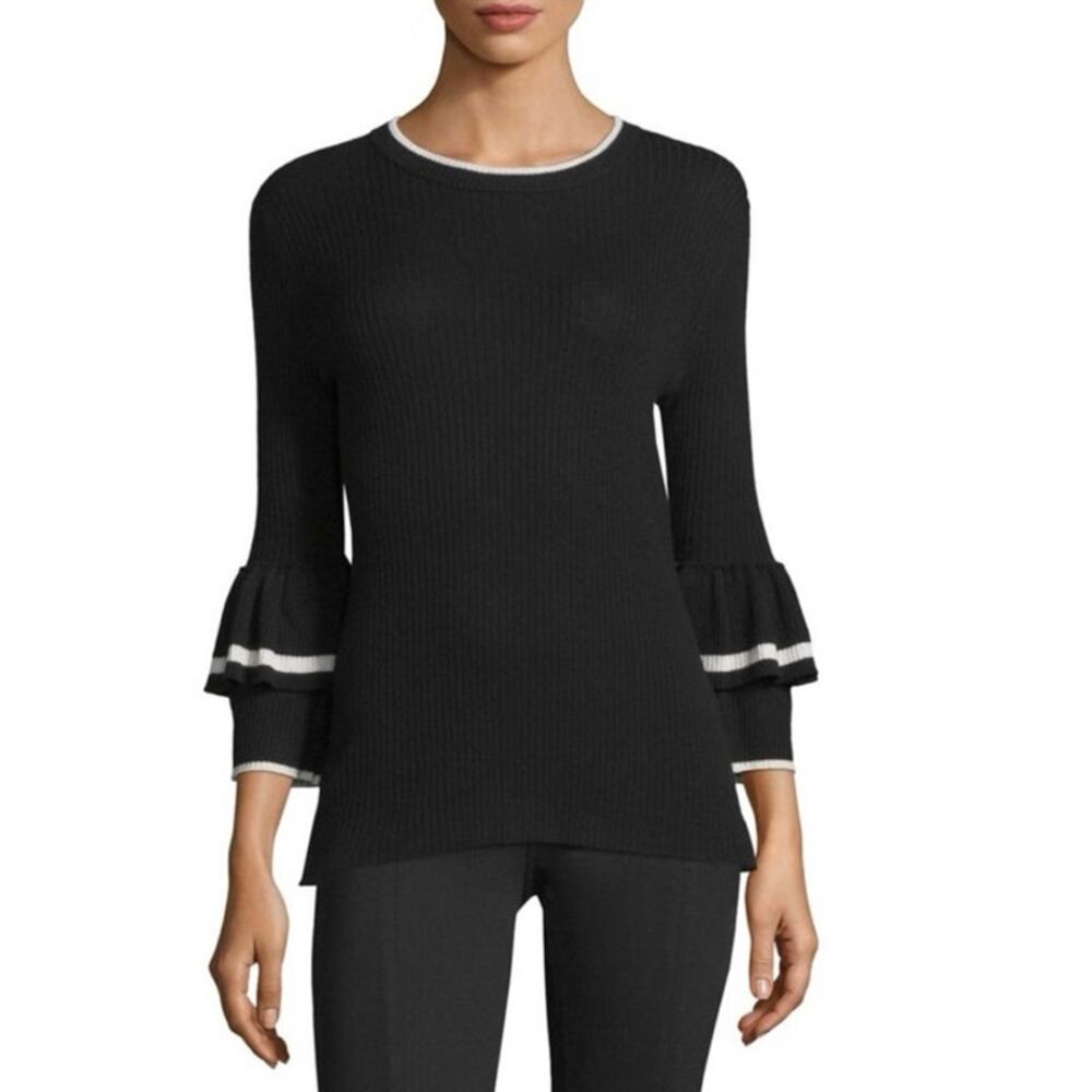Frame Black White Wool Ribbed Knit Bell Long Sleeve Ruffle Sweater Top Size S